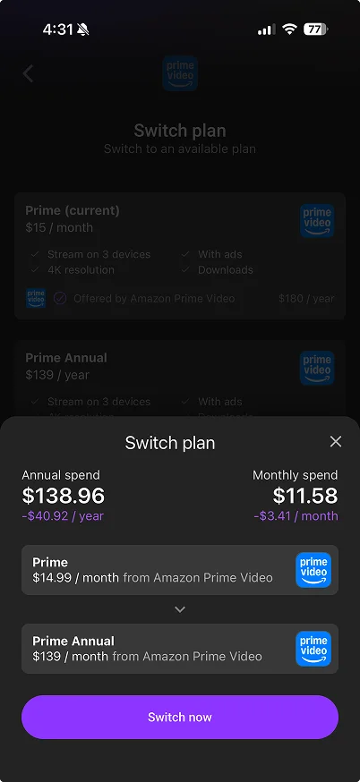 StreamWolf Switch plan screen comparing Prime monthly and annual plans, showing yearly and monthly savings
